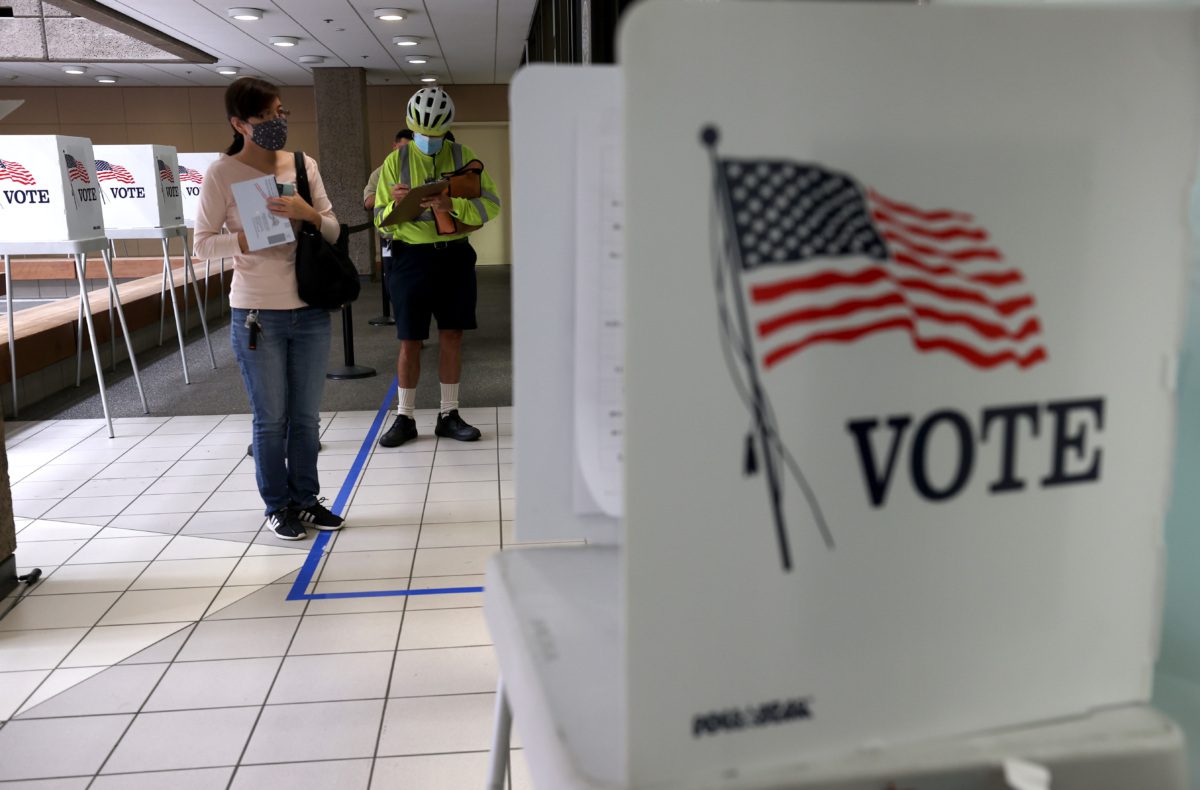 Voters line up to cast their ballots for the California recall election at the Santa Clara County registrar of voters office on September 14, 2021 in San Jose, California. Californians are heading to the polls today to vote in the recall election of Gov. Gavin Newsom. (Justin Sullivan/Getty Images)